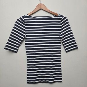 GAP Favorite Navy Blue White Striped Boat Neck Elbow Sleeve Tee Shirt XS